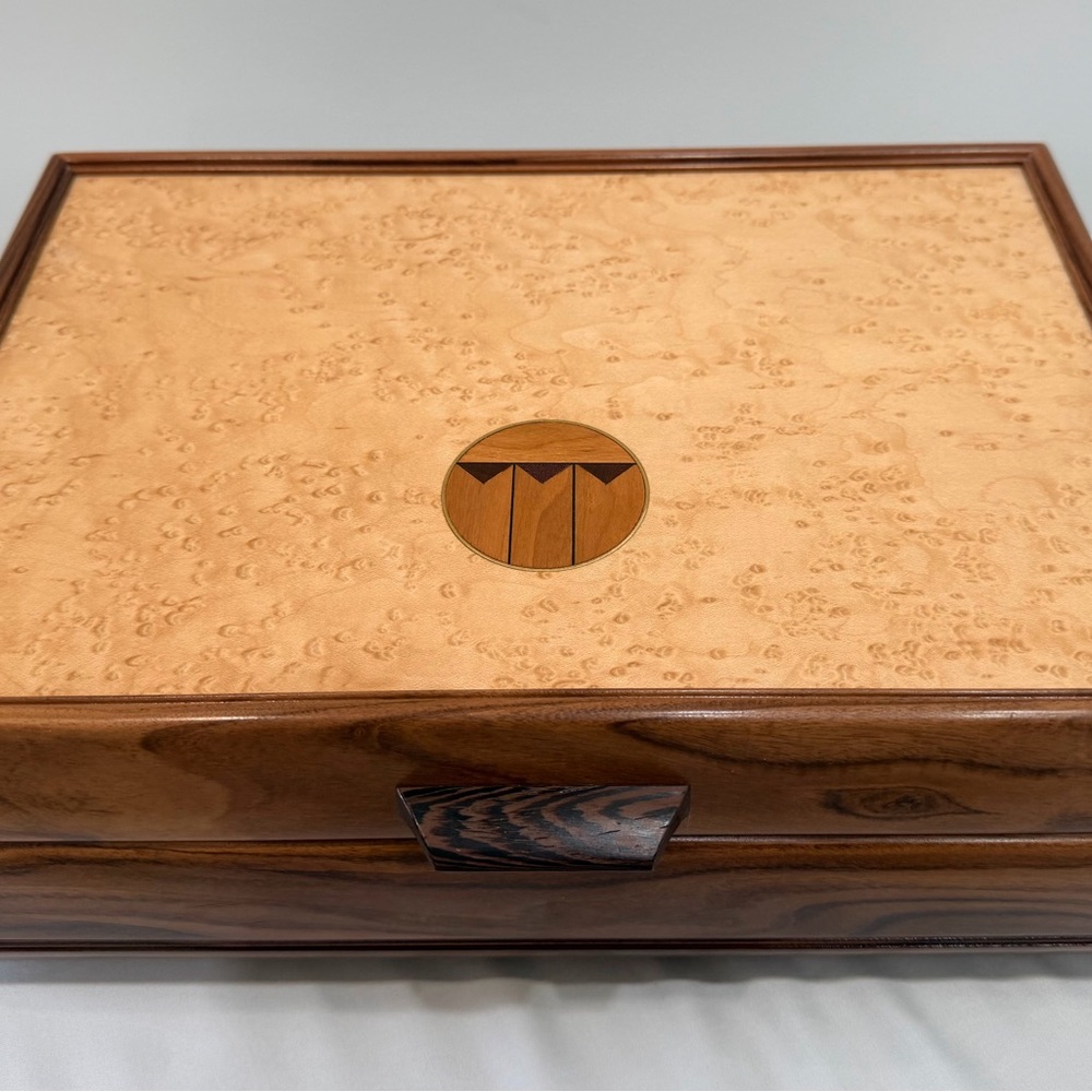Luxury Handcrafted Tamo Ash & Cherry Wood Jewelry Box W/Inlay Lid - Artisan